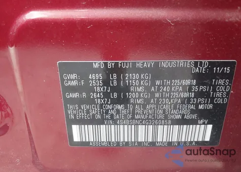 2016 Subaru Outback 2.5I Limited z USA, uszkodzony, nr VIN 4S4BSBNC4G3260858